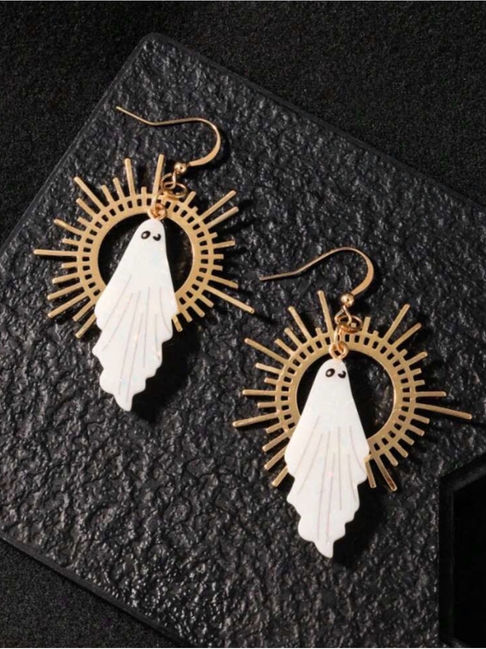 Gold Sunburst Earrings with White Ghost Charm - Women Jewelry